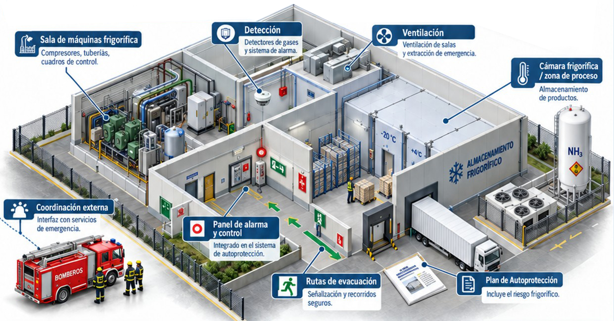 Instalación frigorífica isométrica con sala de máquinas, detección, ventilación, cámara frigorífica, coordinación externa, panel de alarma y control, rutas de evacuación y plan de autoprotección