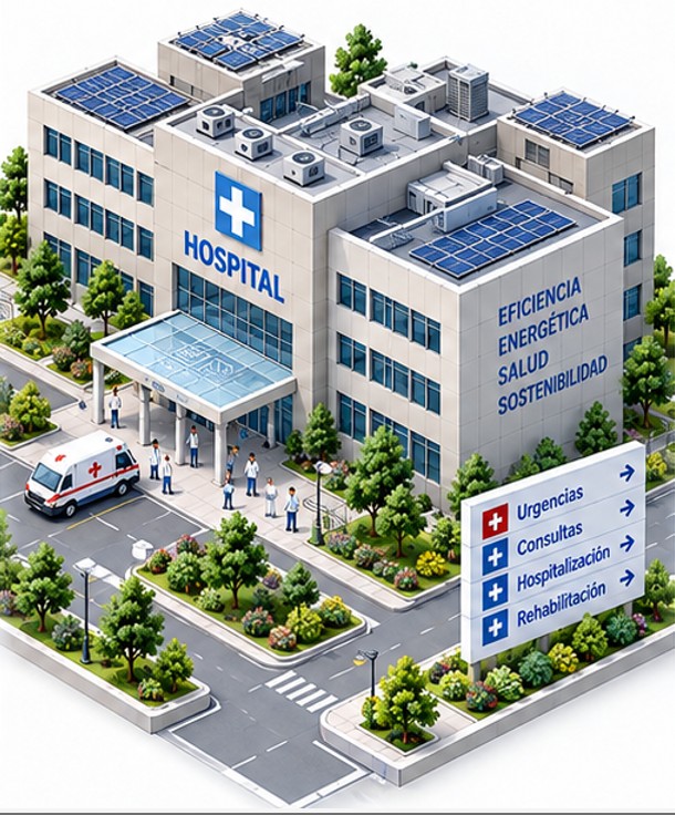 Hospital ilustrado con instalaciones energéticas