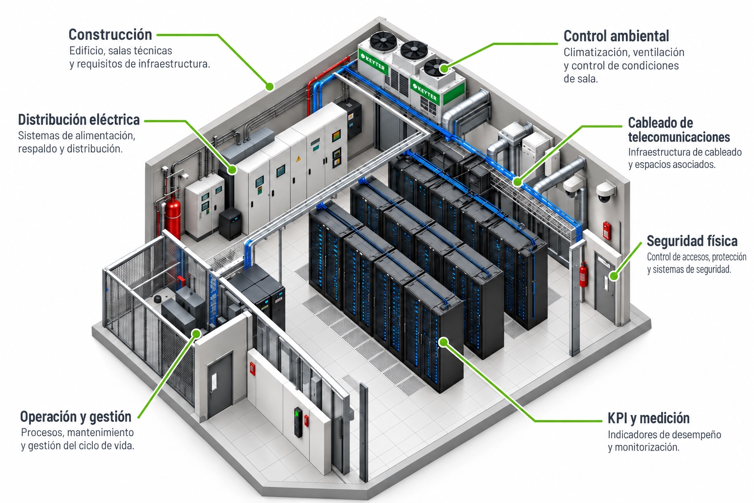 Infografia isometrica de un centro de datos con su distribucion electrica, servidores e infraestructura de climatizacion
